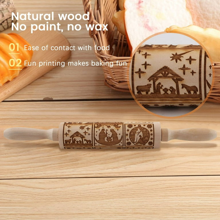 Nativity Pattern Christmas Wooden Embossing Rolling Pin with 9 Different  for Baking Embossed 