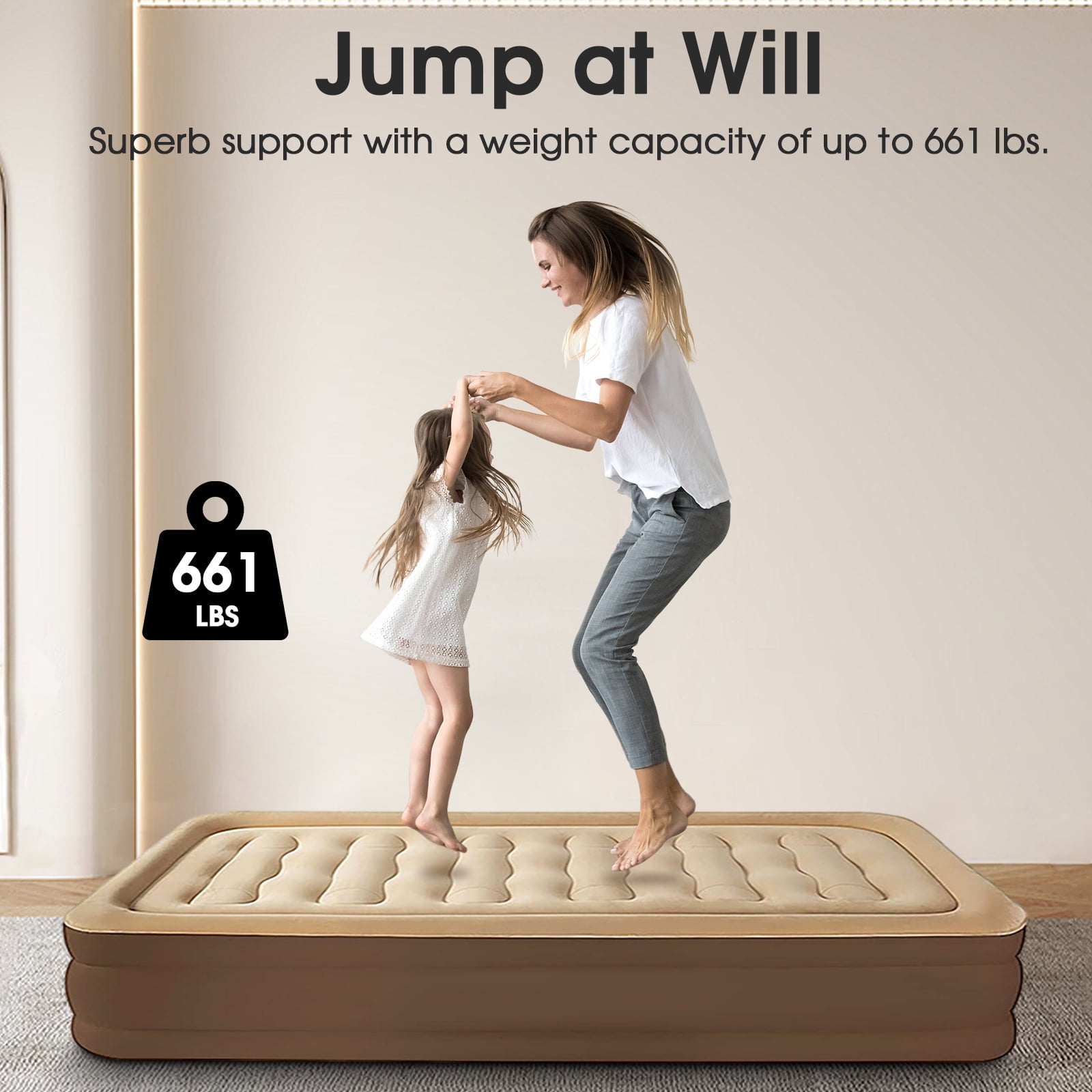 Beuway 19in Queen Air Mattress, Inflatable Airbed with Pump for Guest Home Camping Travel, 661lb Max,Coffee