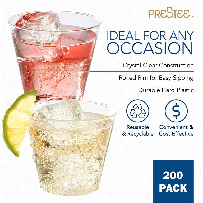  Prestee 200 Clear Plastic Cups - 9 Ounce, Hard Disposable Cups,  Plastic Wine Cups, Plastic Cocktail Cups, Plastic Drinking Cups, Plastic  Party Punch Cups, Party Cups, Wedding Tumblers : Health & Household