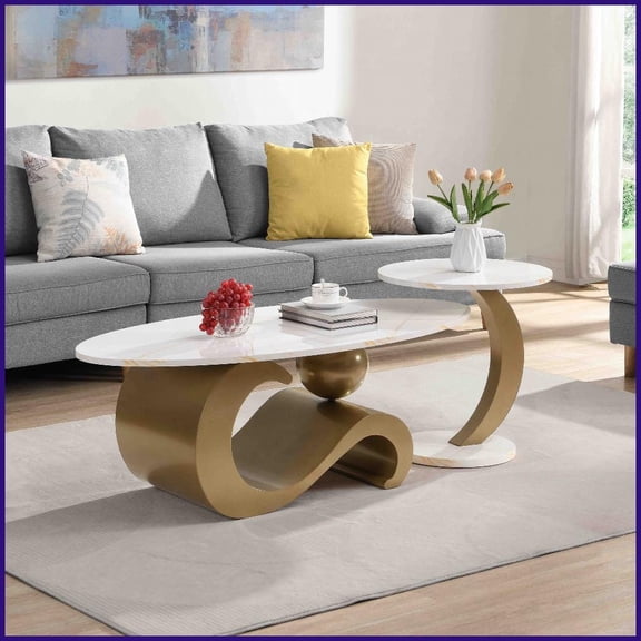 2-Piece Nesting Coffee Table Set for Living Room - Oval & Round Golden Metal Faux Marble, Space-Saving Easy Assembly