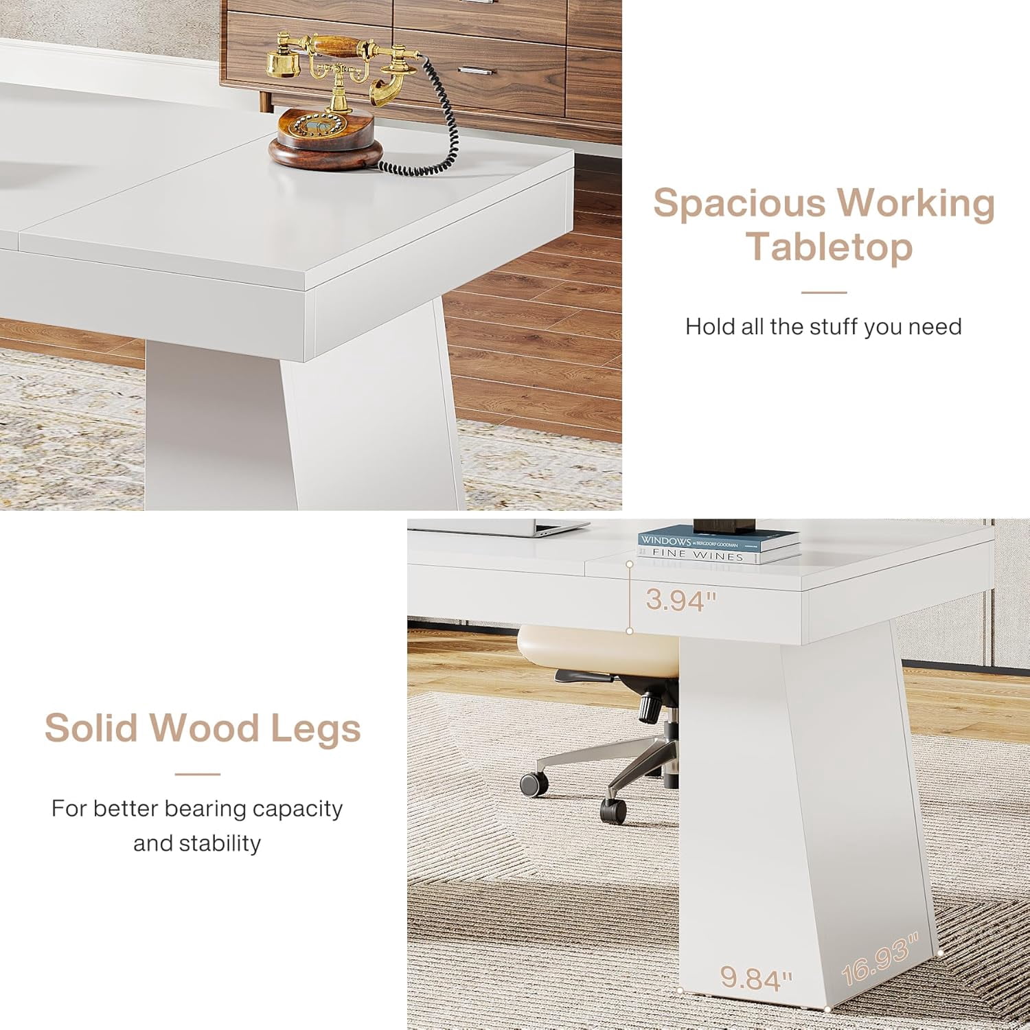 Tribesigns 55 Inches Executive Desk, Mid-Century Modern Home Office Desk with Double Trapezoid Base