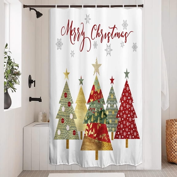 Merry Christmas Shower Curtain Gold Boho Christmas Tree Pine Tree Snowy Scenery Waterproof Fabric Bathroom Winter Xmas Holiday Decor with Hooks Washable Weighted 36 x 72 Inch