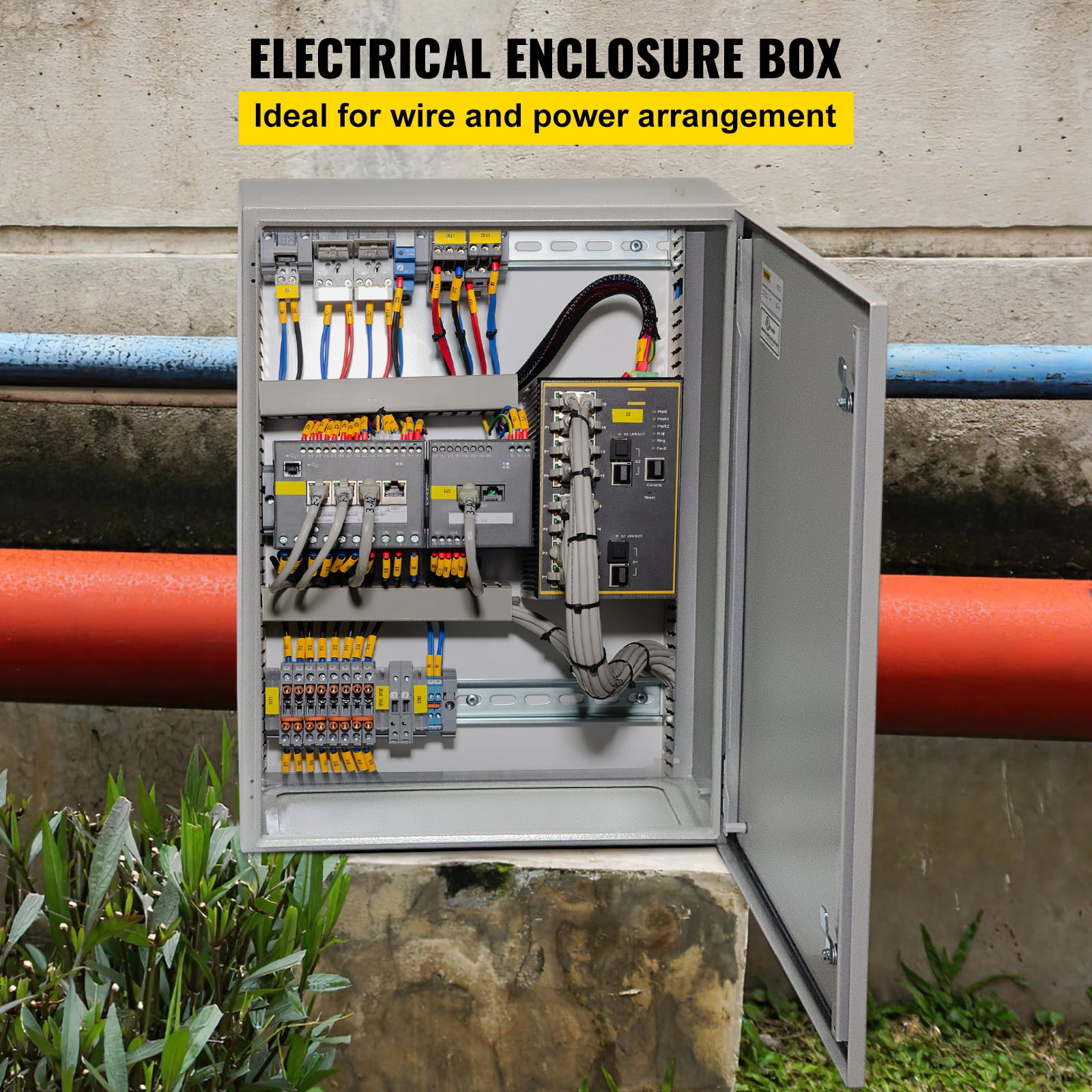 VEVOR Electrical Enclosure, 20'' x 16'' x 8'', UL Certified NEMA 4 Outdoor Enclosure, IP65 Waterproof & Dustproof Cold-Rolled Carbon Steel Hinged Junction Box for Outdoor Indoor Use, with Rain Hood
