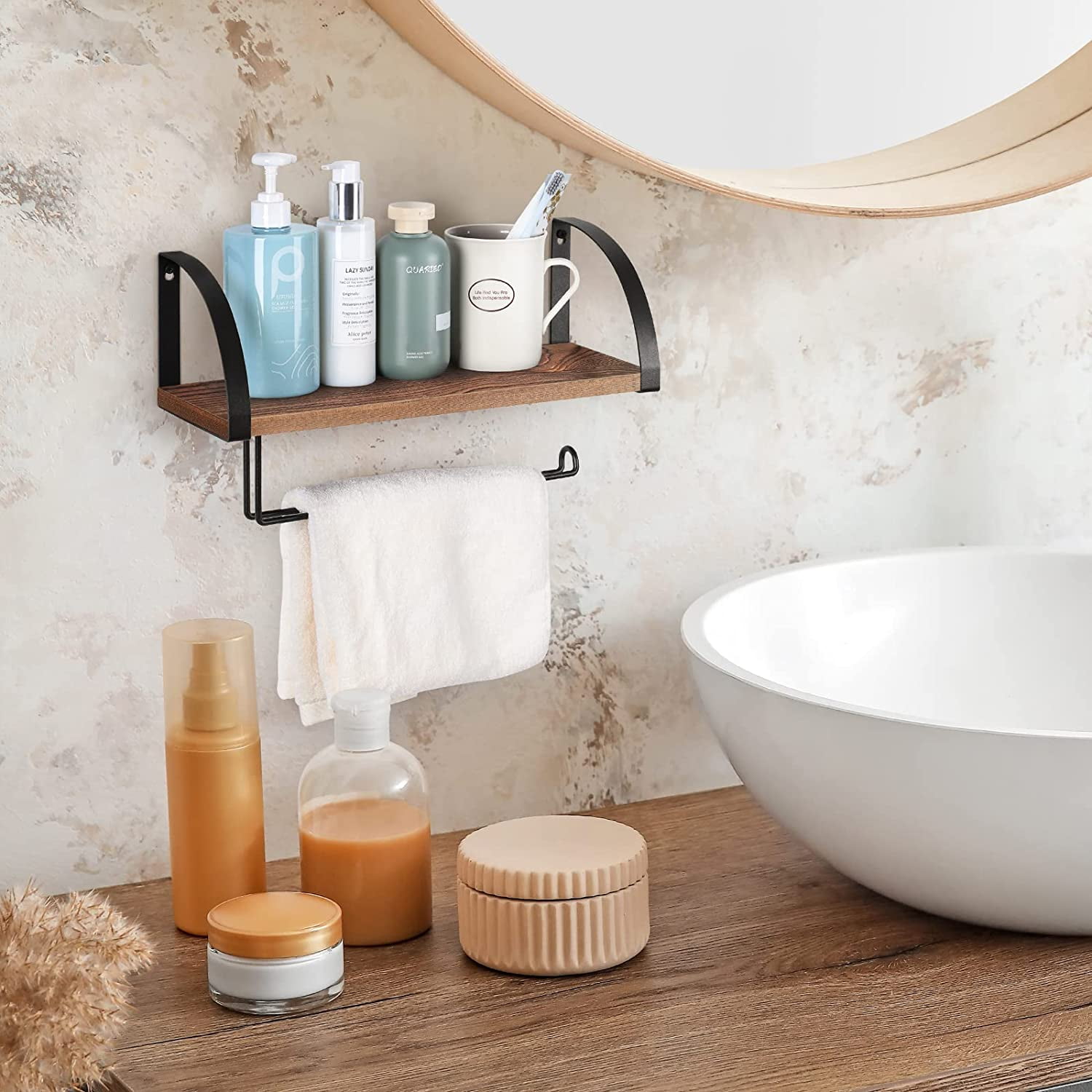Wall Mounted Paper Towel Holder with Wood Shelf, Rustic Brown