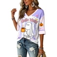 thumbnail image 5 of Women Halloween Shirt 2026 Oversized Cute Funny Plus Size 3/4 Sleeve Tops Skeleton Skull Printed Ghost Graphic T-Shirts Purple,XL, 5 of 5