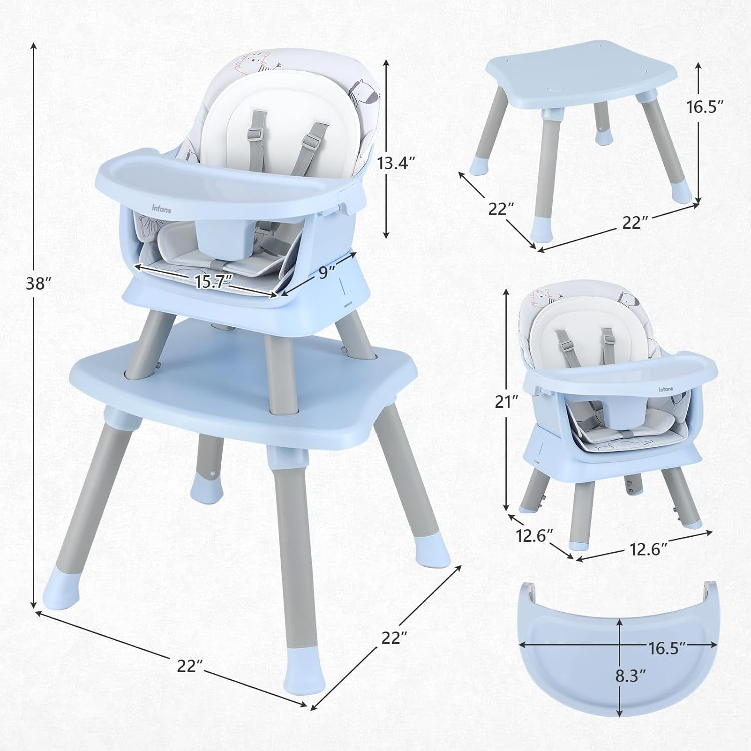 INFANS 8 in 1 Baby High Chair, Convertible Highchair for Babies and Toddlers, Infant Dining Booster Seat, Building Block Table, Kids Stool Table Chair Set with Removable Tray