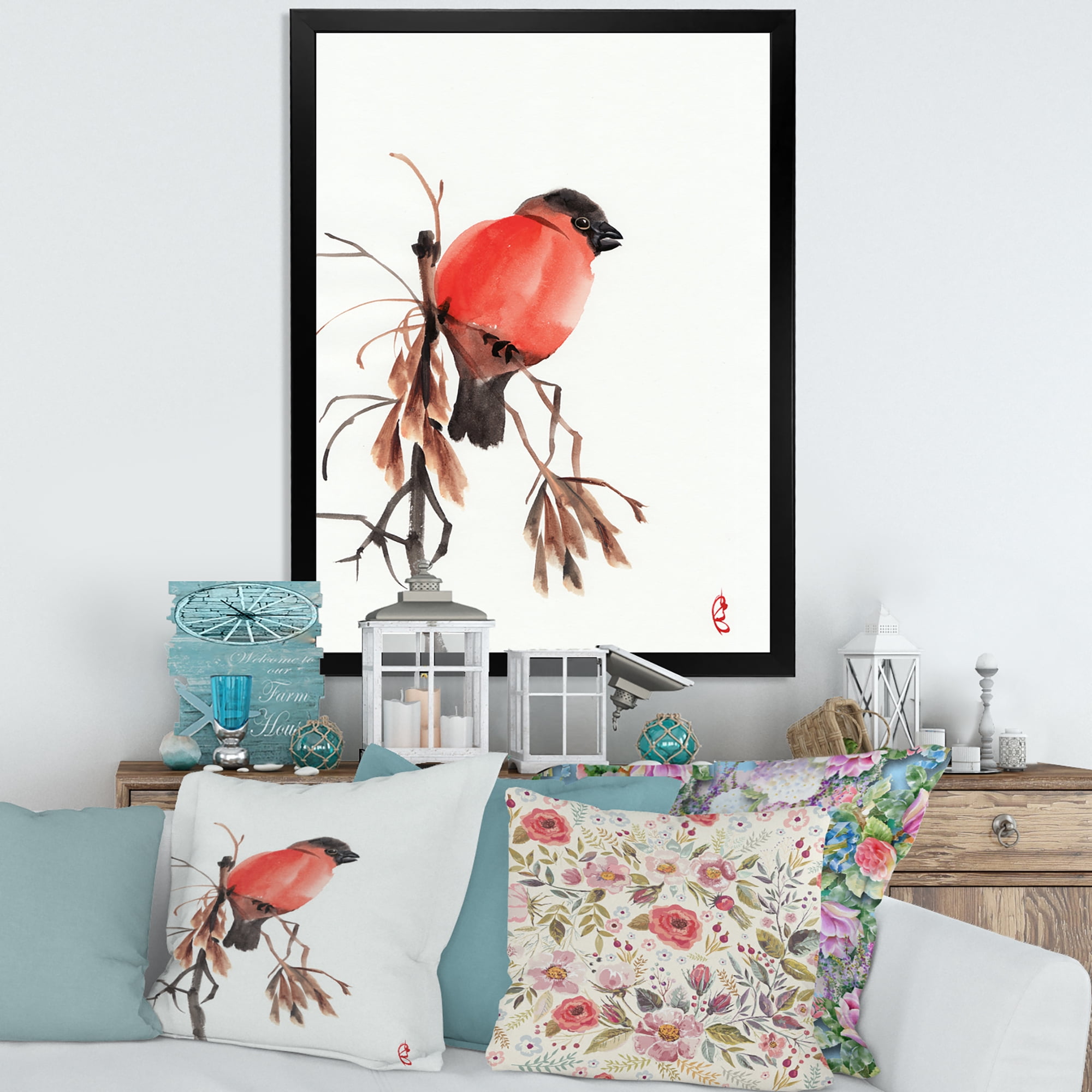 Designart 'Red Bullfinch Bird Sitting On A Branch' Traditional Framed Art Print
