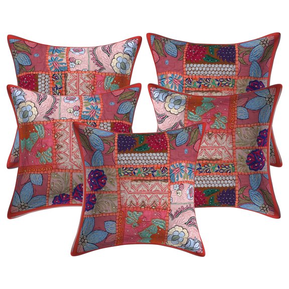 Stylo Culture Ethnic Cotton Decorative Throw Pillow Covers Orange 12 x 12 Bohemian Vintage Patchwork Ethnic Sofa Cushion Covers 30x30 cm Home Decor Abstract Square Pillow Cases | Set Of 5