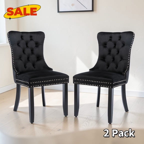 Hassch Upholstered Velvet Dining Chairs Set of 2, Side Chair with Wood Legs for Kitchen, Living Room, Easy Assembly, Black