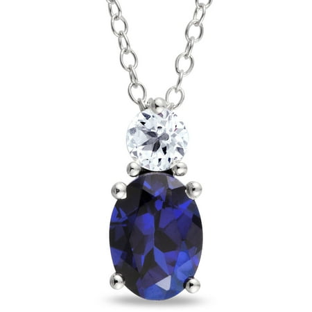 2-1/3 Carat T.G.W. Oval and Round-Cut Created Blue and White Sapphire Sterling Silver Pendant, 18