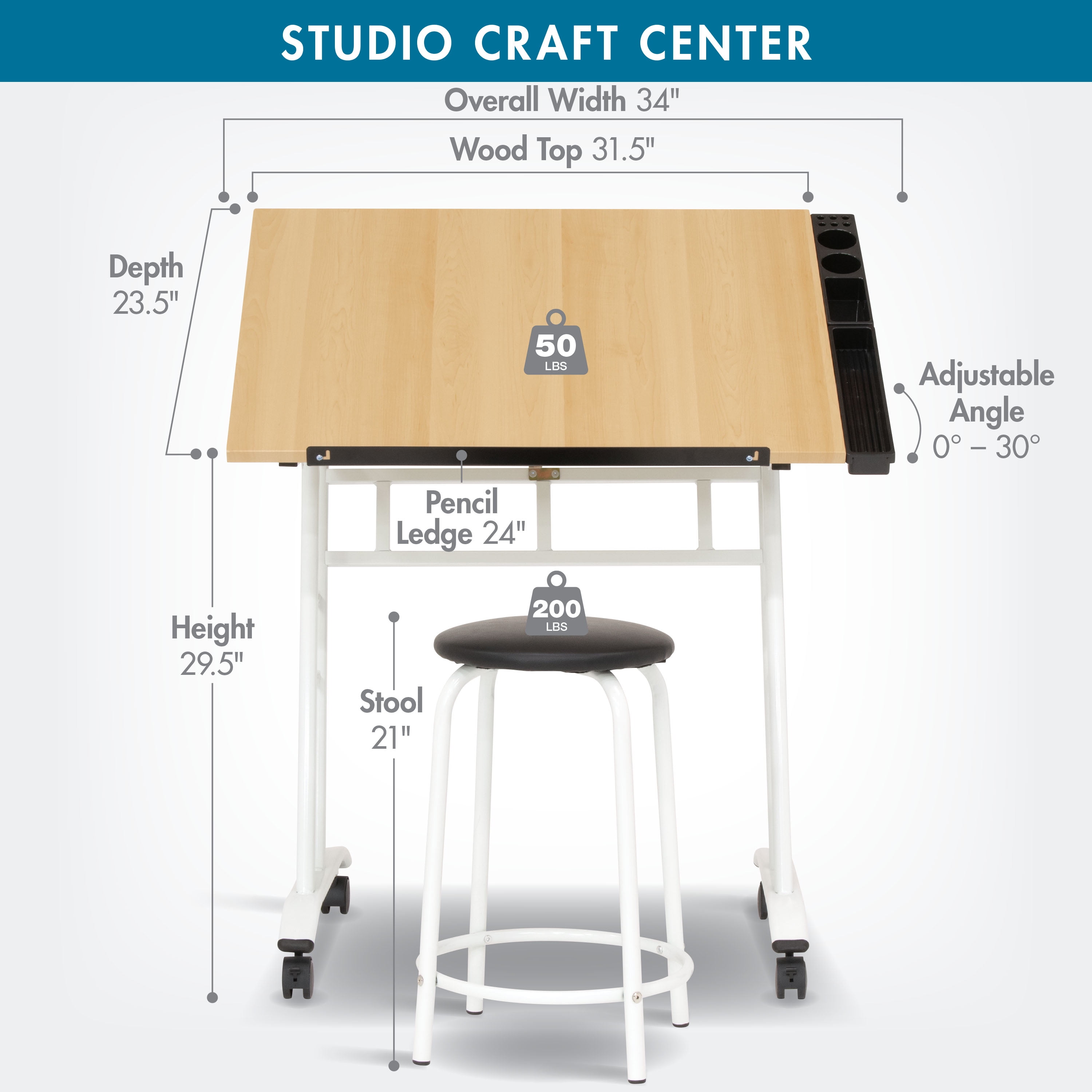 Studio Designs Studio Craft Rolling Drawing Drafting Craft Table with Stool Set, White/ Maple
