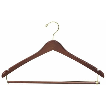 International Hanger, Walnut Wood Curved Suit Hanger w/Locking Bar, Brass Swivel Hook, 25 Pack