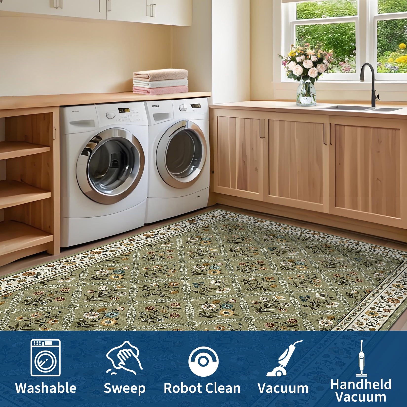 Senfot 8x10 Floral Print Area Rug Machine Washable Non-Slip Stain Resistant Low Pile Bordered Farmhouse Rug for Living Room Bedroom Home Office Green