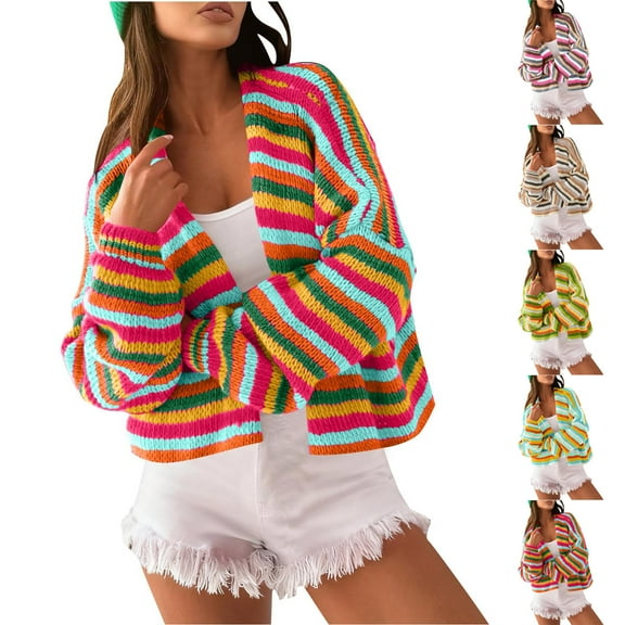 Olyvenn Women's 2025 Fall Contrast Color Striped Cardigan Sweater Long Sleeve Open Front Chunky Knit Cardigan Jacket Coffee S
