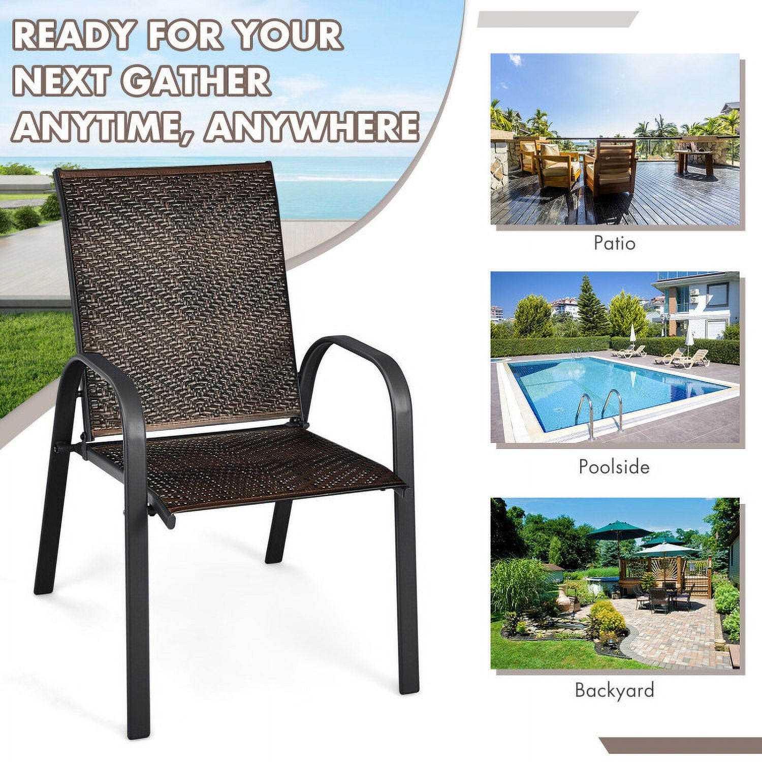 Aimee Lii Set of 6 Outdoor PE Wicker Stackable Chairs with Sturdy Steel Frame, Outdoor Patio Set, Brown