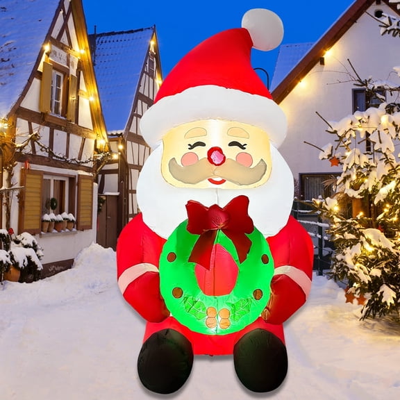 5.2 FT Christmas Inflatable Santa with Built-in LED Lights, Blow up Santa Claus Inflatable Santa Holding Wreath, Christmas Outdoor Decorations for Garden Patio Lawn Holiday Party Xmas