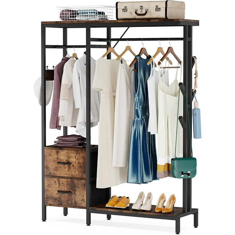 Freestanding Closet Organizer, Garment Rack with 2 Drawers & ShelvesGray