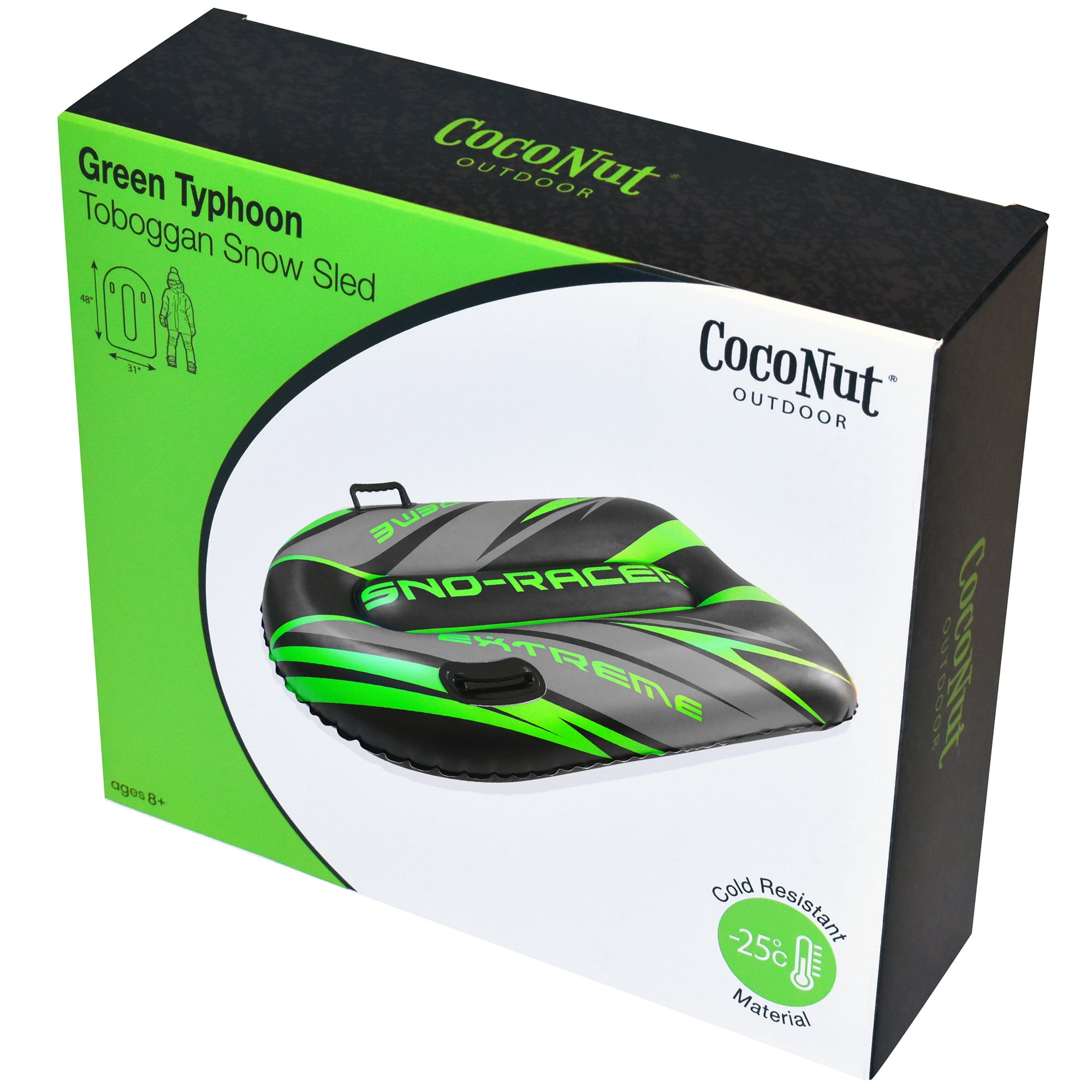 CocoNut Outdoor: Green Typhon Toboggan Snow Sled - 48x31" Lime-Black-Silver, Winter Inflatable, Cold Resistant PVC, 200lb Cap, Kids-Teens-Adults 8+