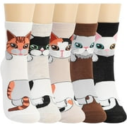 5 Pairs Womens Socks, Funny Cute Cat Animal Socks Soft Cotton Socks for Women, Size 5-10