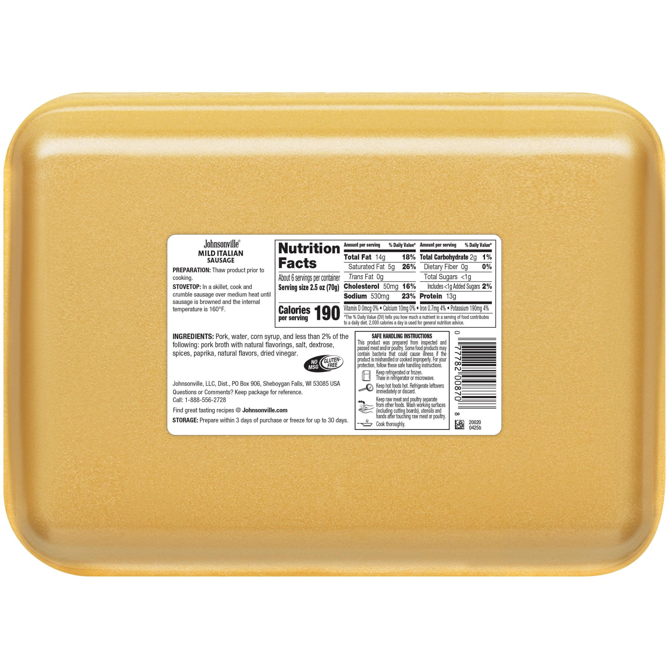 Johnsonville Premium 80% Lean/20% Fat Mild Italian Ground Pork Sausage, 1 lb Tray Refrigerated