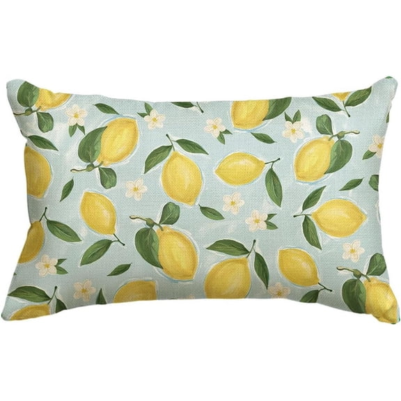 Summer Lemon Throw Pillow Cover, 12 x 20 Inch Flowers Blue Cushion Case Decoration for Sofa Couch Holiday Seasonal Home Decor