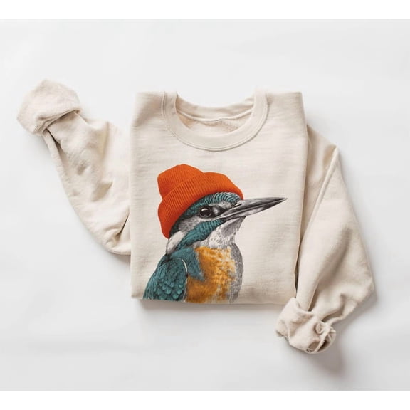 Retro Common Kingfisher Wearing Beanie Vintage Birding Sweatshirt - Sizes S-5XL ,Art Print JSC