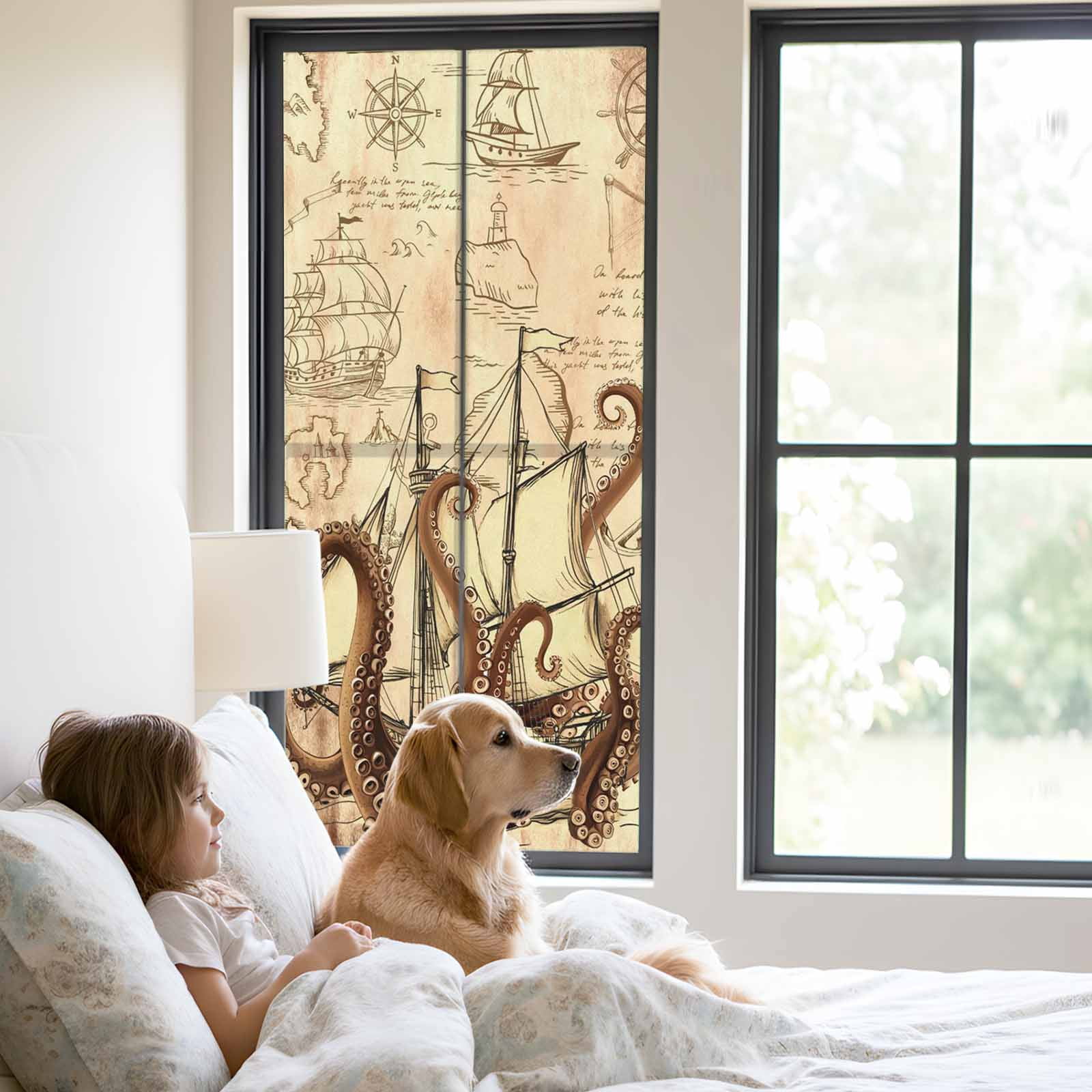 Nautical Boat Window Privacy Film, Retro Octopus Sailing Sailing Brown Frosted Glass Window Clings Static Cling UV Heat Blocking Reusable Door Sticker for Bathroom 23.6 x 59 Inch
