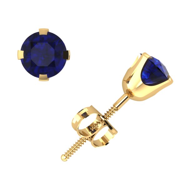Genuine 3/4Carat Round Cut Blue Sapphire Stud Earrings 14k Yellow Gold 4Prong AAA Quality