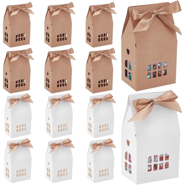 24 cajas de regalo para fiestas en casa, 2 colores, 2.8x2x4.9", cajas de almacenamiento de dulces con forma de casa, con cinta, estuches de papel huecos para golosinas.