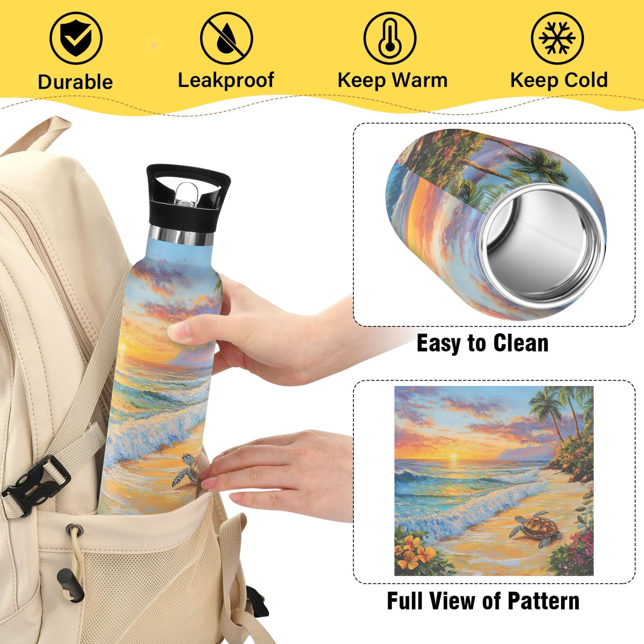 600ML Stainless Steel Insulated Cup Sports Water Bottle Portable Thermos Cup Water Glasses Insulated Tumblers Convenient and Durable Sunset Turtle
