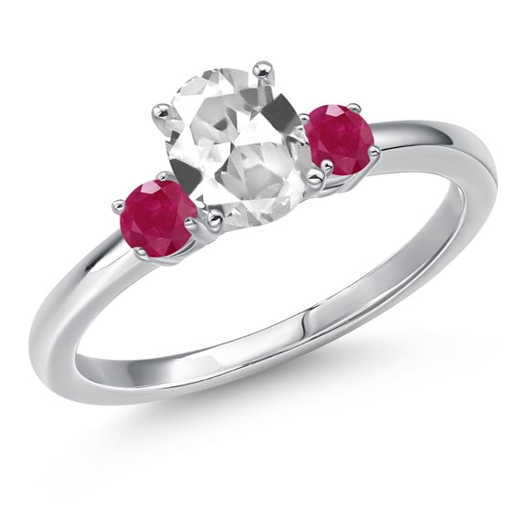 Gem Stone King 14K White Gold White Created Sapphire and Red Ruby Engagement Ring for Women | 1.31 Cttw | Oval 7X5MM | Gemstone September Birthstone | Size 5
