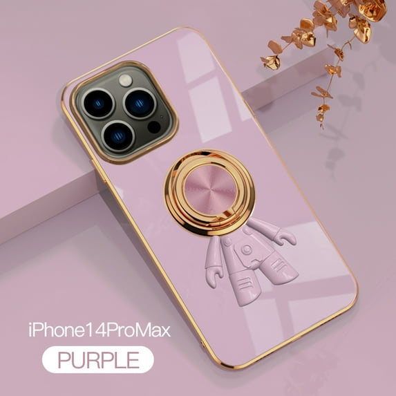 Allytech Compatible with iPhone 14 Pro Max 6.7 Inch Case Shiny Plating Astronaut Kickstand for Women Girls Slim Soft Flexible TPU Protective Cover Case,Purple