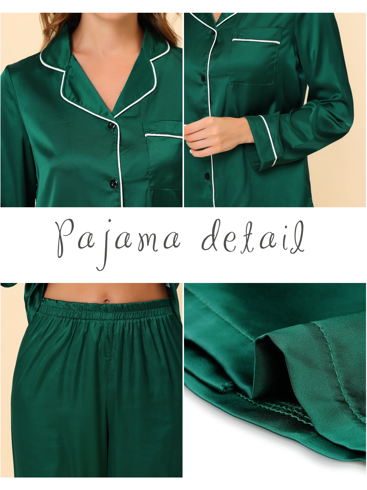 Unique Bargains Women's Pajama Loungewear Long Sleeves Tops and Pants Satin Sleepwear Sets