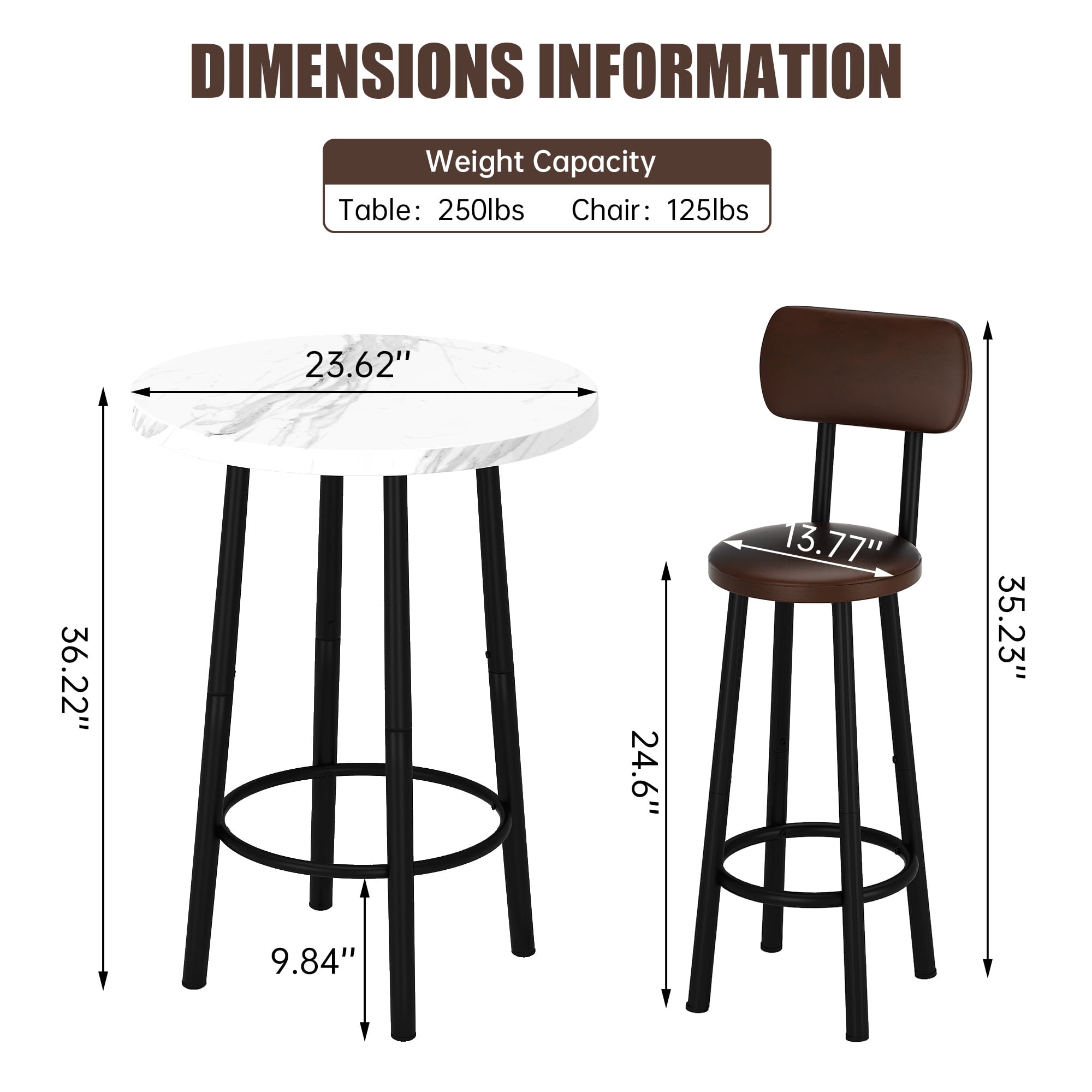 MIERES Round Marble Dining Table Set, 2-Seater Kitchen Dining Set with Two Bar Stools, Compact Dining Table, White