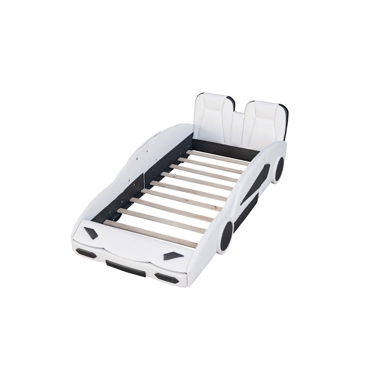 Luckynote Twin Race Car Bed, Wood Platform with Wheels, Car-Shaped Themed Design for Bedroom, White