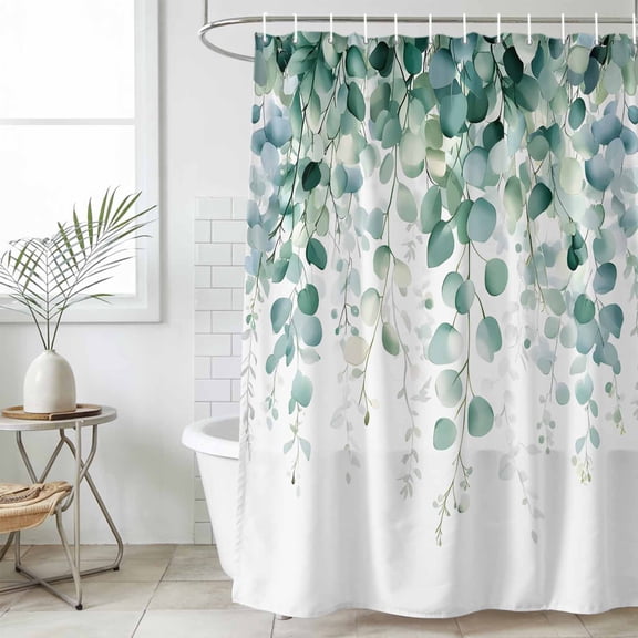 Eucalyptus Leaves Waterproof Shower Curtain, Stall 36"x72" Washable Polyester Fabric Shower Curtains for Bathroom, Green Botanical Summer Spring Leaves Decorative Bathtub Curtain Sets with Hooks