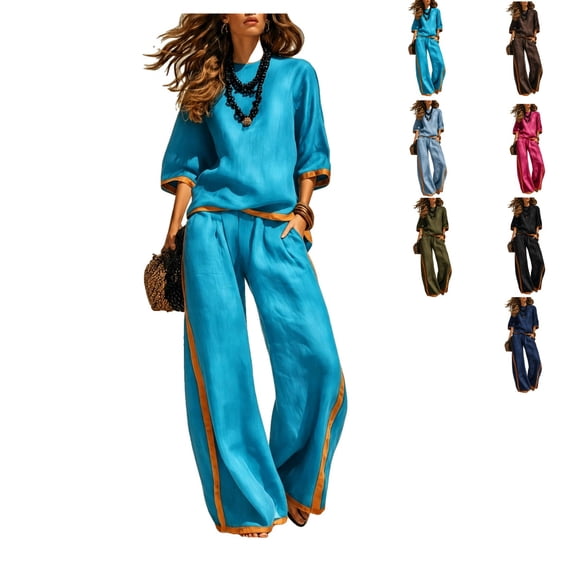 Clossjun Womens Cotton Linen Outfit Sets Two Piece Loose Fits Top & Side Stripe Long Pants Sets Casual Going Out Lounge Sets 3XL