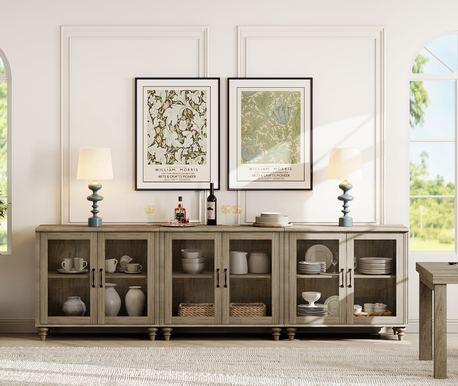 Farmhouse Style 100 inch TV Stand, Console Table with 6 Glass Doors for Living Room or Bedroom, Wash Gray, All Dimension: 101.6"×15.7"×30.9"(L×W×H)