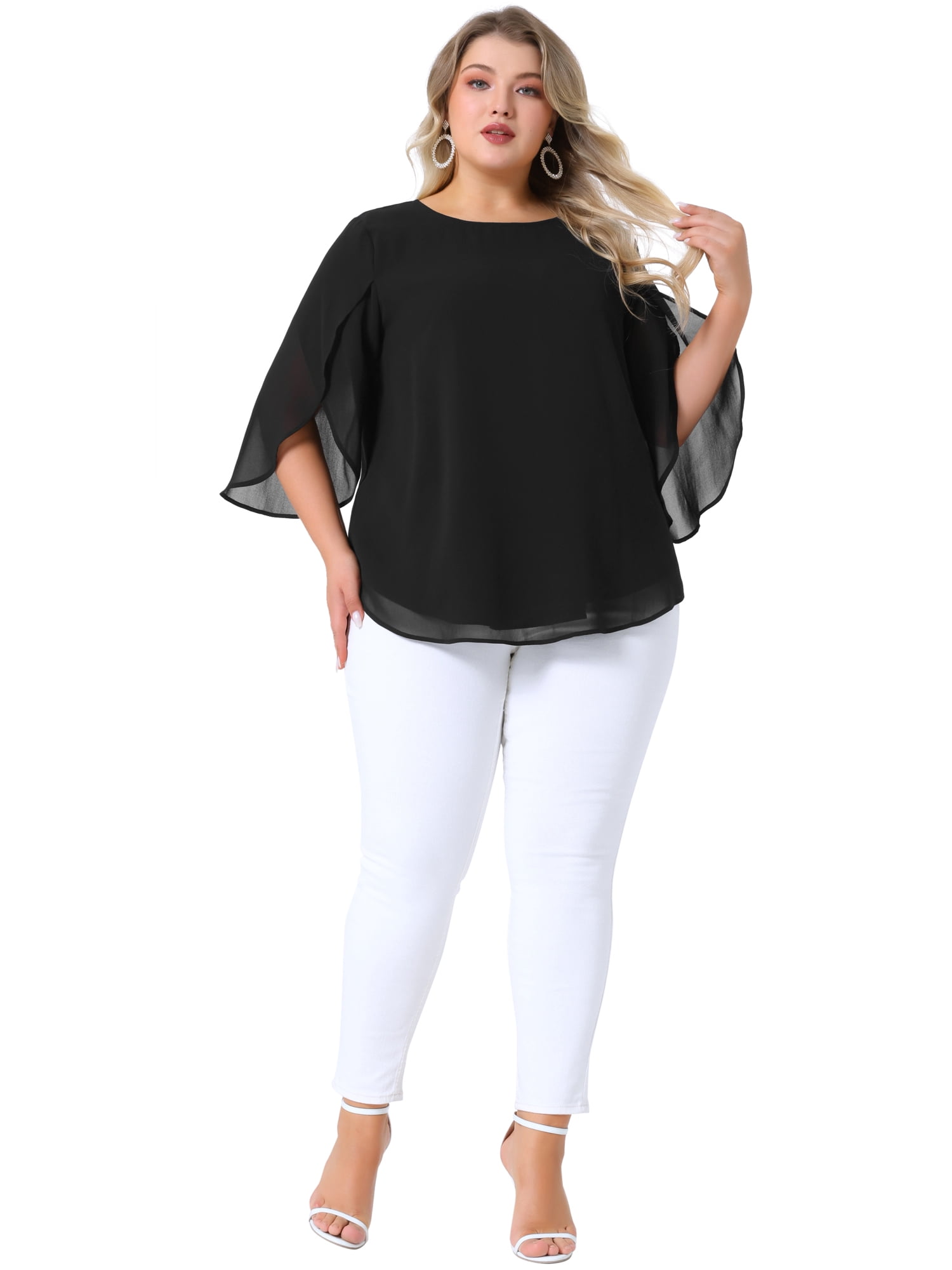 Women's Plus Blouses with Flutter Petal Half Sleeve Chiffon Top 6X Black