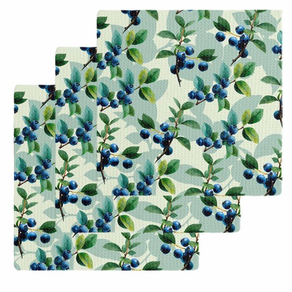 Blueberry Botanical Kitchen Dish Towels for Drying Dishes Set of 3, Green Spring Leaves Branches Waffle Weave Microfiber Hand Tea Bathroom Towels Quick Dry & Absorbent Towel 12x12