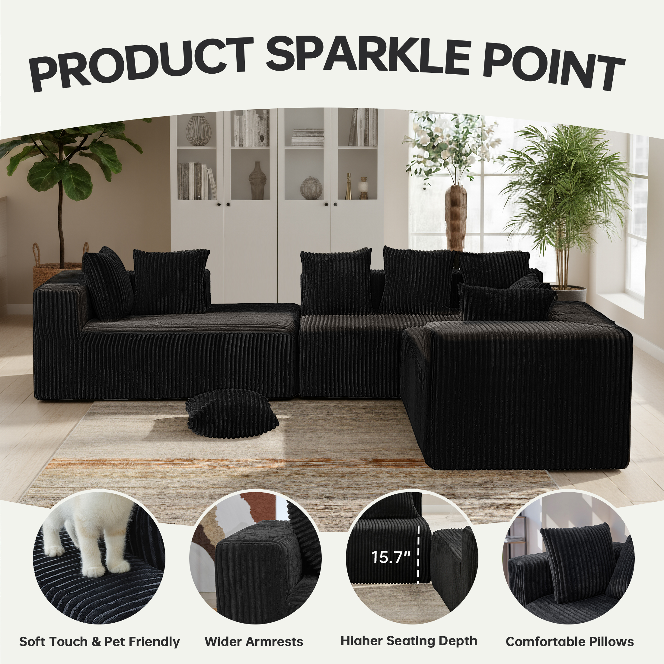 SEENYOO 130"Cloud Sectional Couch,Modular U Shaped Couch with Ottoman, No Assembly Required,Plush Corduroy Sofa with Deep Seat for Living Room,Black