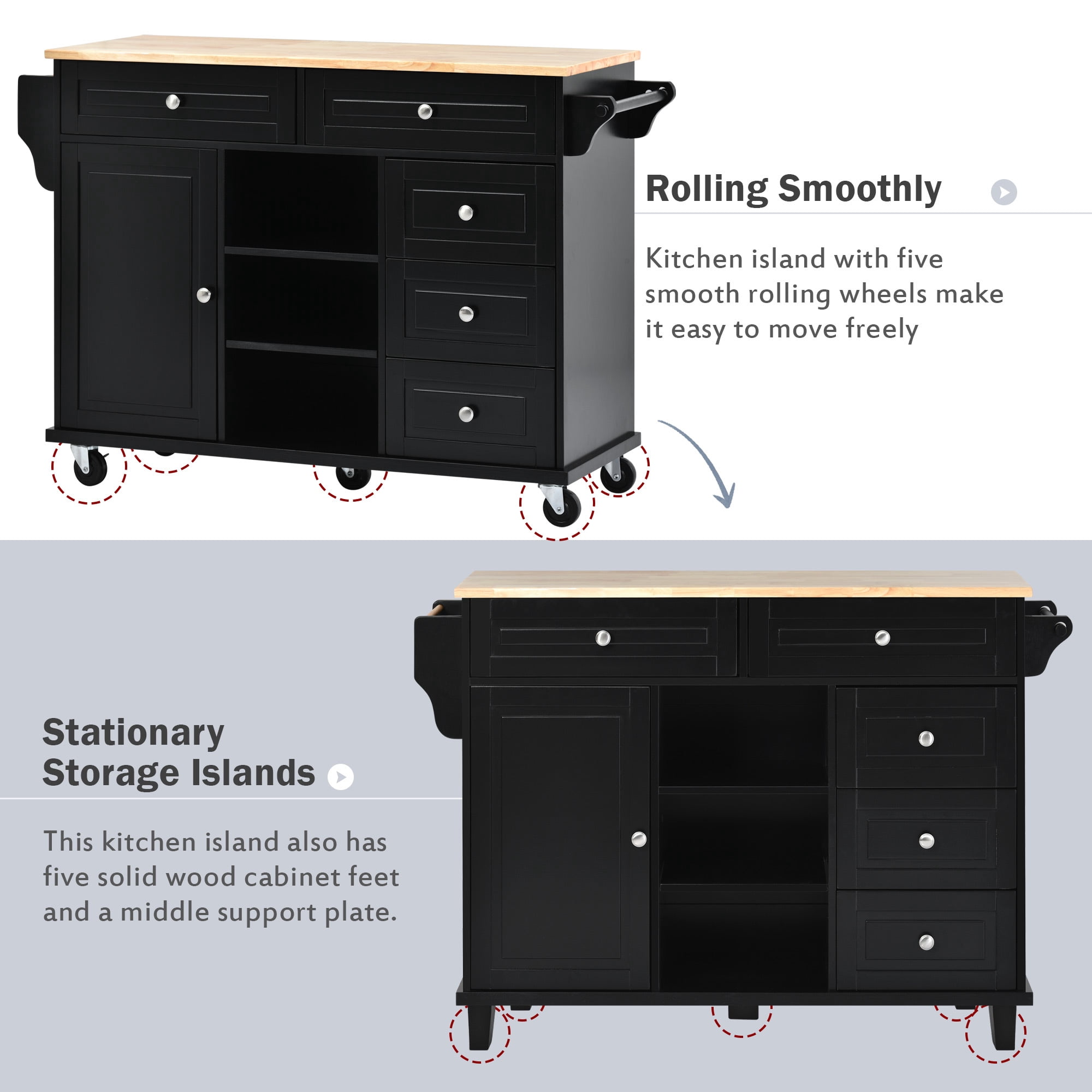 DEALTOPS 53 Inch Kitchen island with Rubber wood desktop rolling mobile kitchen cart with storage and 5 drawers-Black