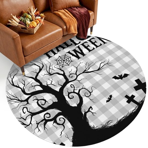 Hallo Halloween 7' Round Rugs for Living Room Conversation Area, Spooky Gnarled Tree Flying Bat Graveyard Hill Gray Plaid Washable Non Slip Large Circle Area Rug Under Dining Table