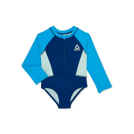

Reebok Toddler Girls Rashguard Swimsuit 1-Piece Sizes 2T-5T. No Straps 1 Piece Long Sleeve Suit.