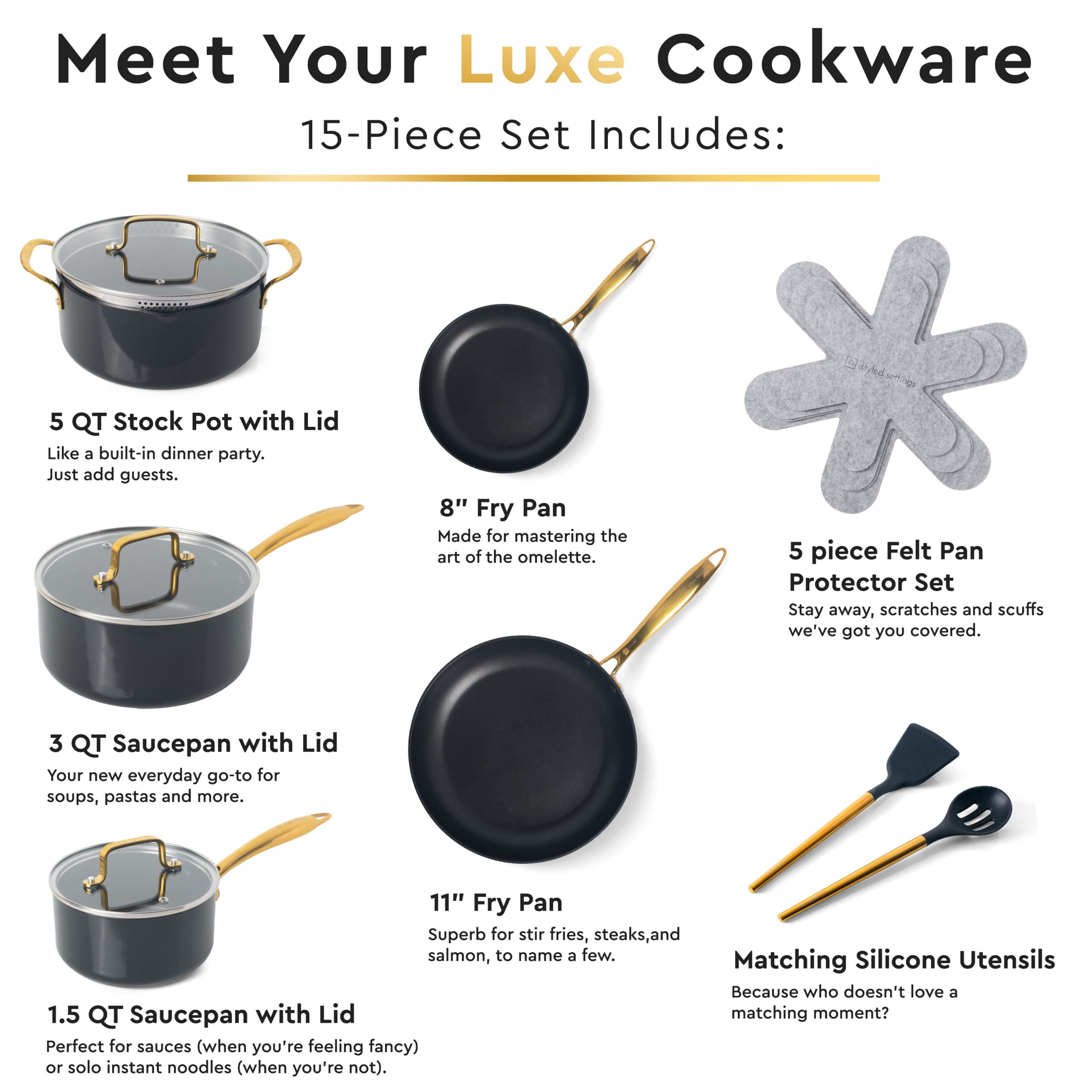 Styled Settings White Pots and Pans Set Nonstick-15 Piece Luxe White  Cookware Set PFOA Free Non Toxic,Oven Safe,Induction Safe Cooking Pot with  Strainer Lid,Gold Cooking Utensils,Gold Pots & Pans… 