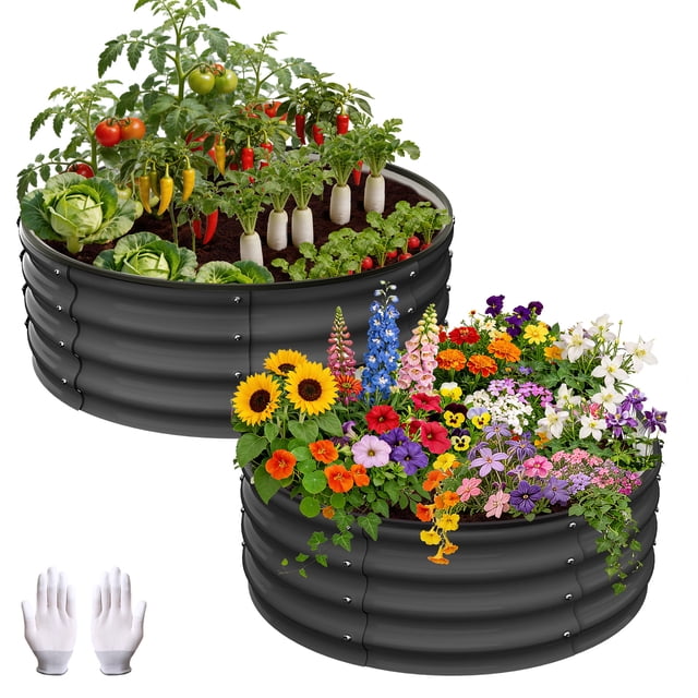 Raised Garden Bed with Safety Edging - Olive Green 2x2x1 ft - Rounded - Pack of 2 - Bottomless Galvanised Steel Planter Box for Plants, Vegetables and Flowers, Galvanized Metal Raised Garden Beds