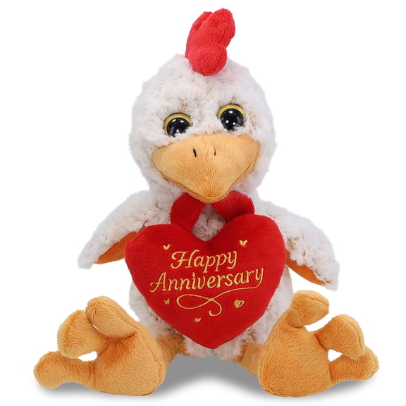 DolliBu Sitting Rooster Stuffed Animal with Happy Anniversary Red Heart Plush - Soft and Cuddly Farm Animal Rooster Plush Toy Gift for Couples or Friends - 9 Inches