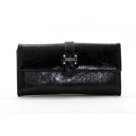 JUVITUS BLACK FAUX LEATHER SILVER HARDWARE WALLET CLUTCH PURSE