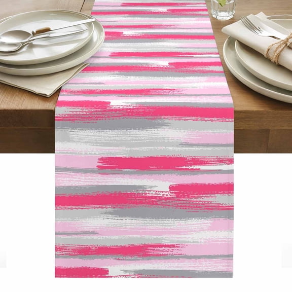 Pink Gray Stripes Table Runner - 70 Inch Long, Kitchen Dining Table Runner Dresser Scarves, Watercolor Modern Abstract Minimalist Farmhouse Decor for Coffee Tables Wedding Party Banquet