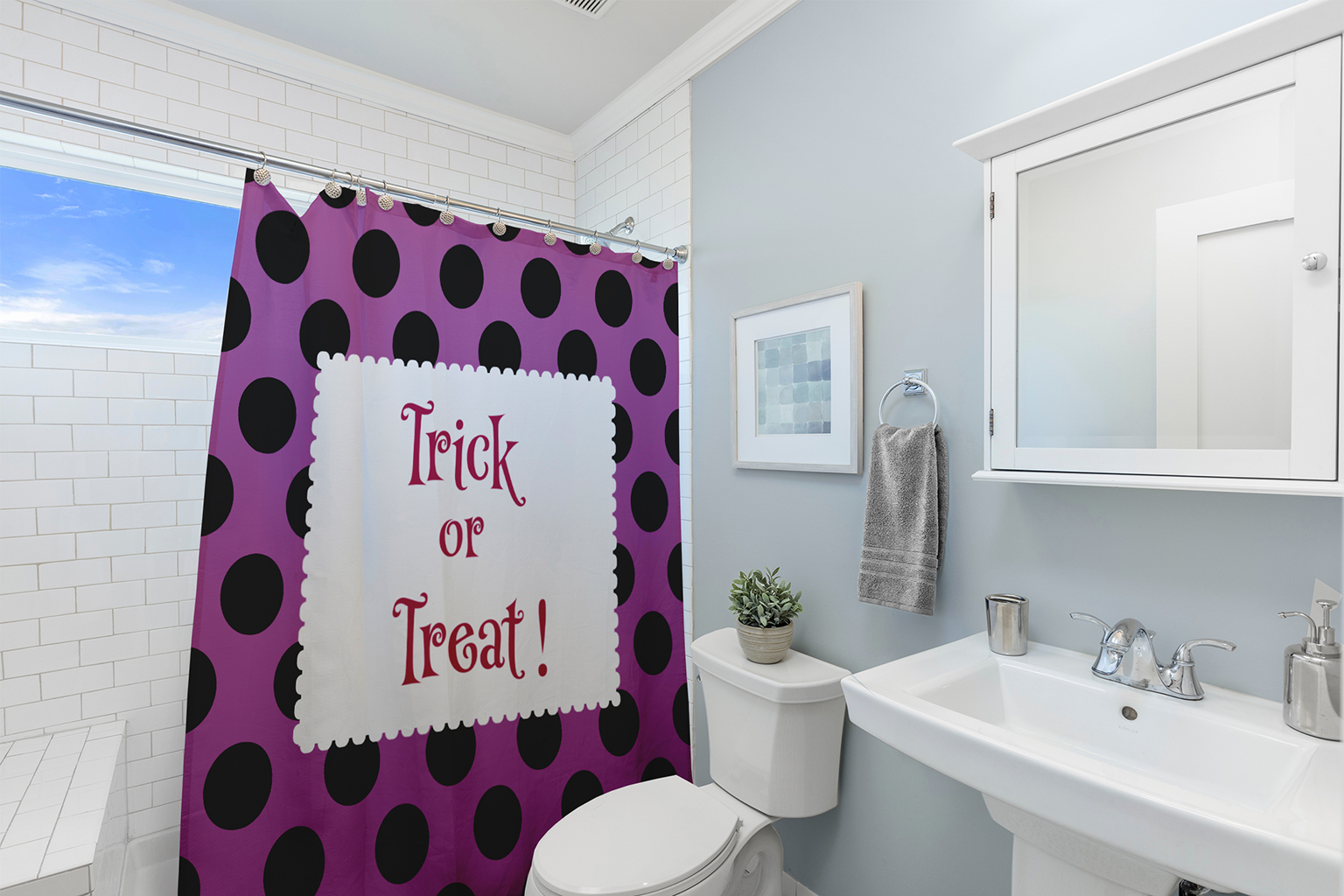 Simply Daisy 70" W x 73" L Halloween Trick or Treat Dots Polyester Shower Curtain, Orchid [1 Ct]
